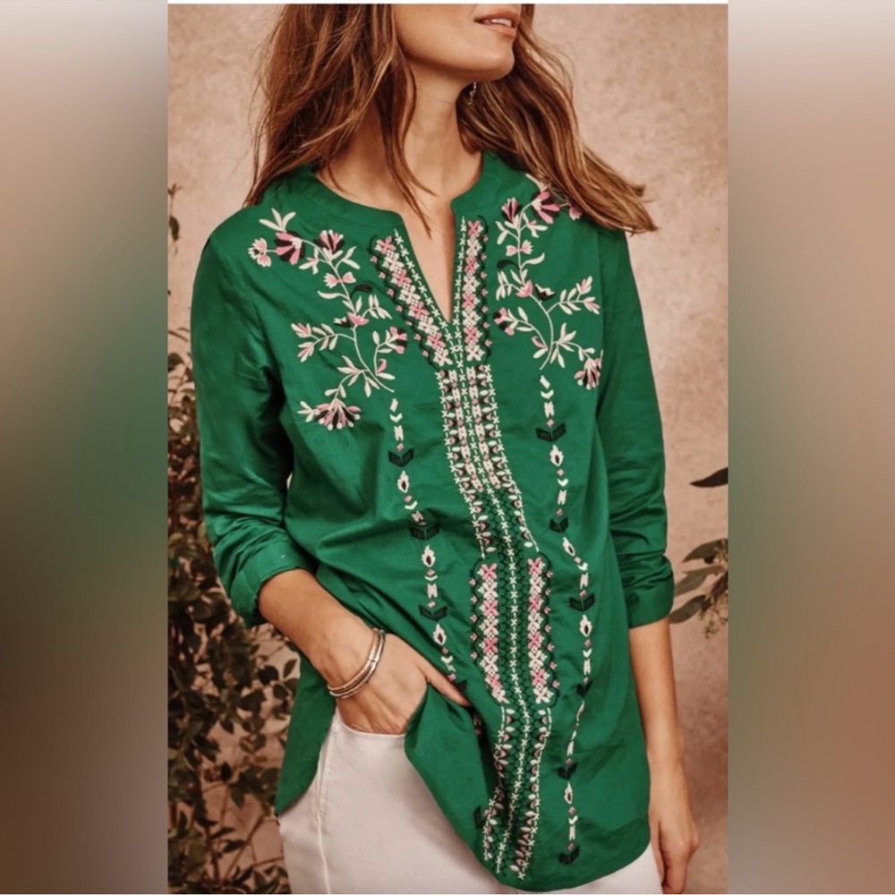 J. Jill Green Embroidered Tunic Top Boho Floral Long Sleeve Size XS